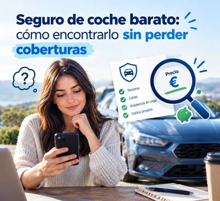 Mujer consultando en su móvil un seguro de coche mientras compara el precio y las coberturas de una póliza junto a su vehículo.